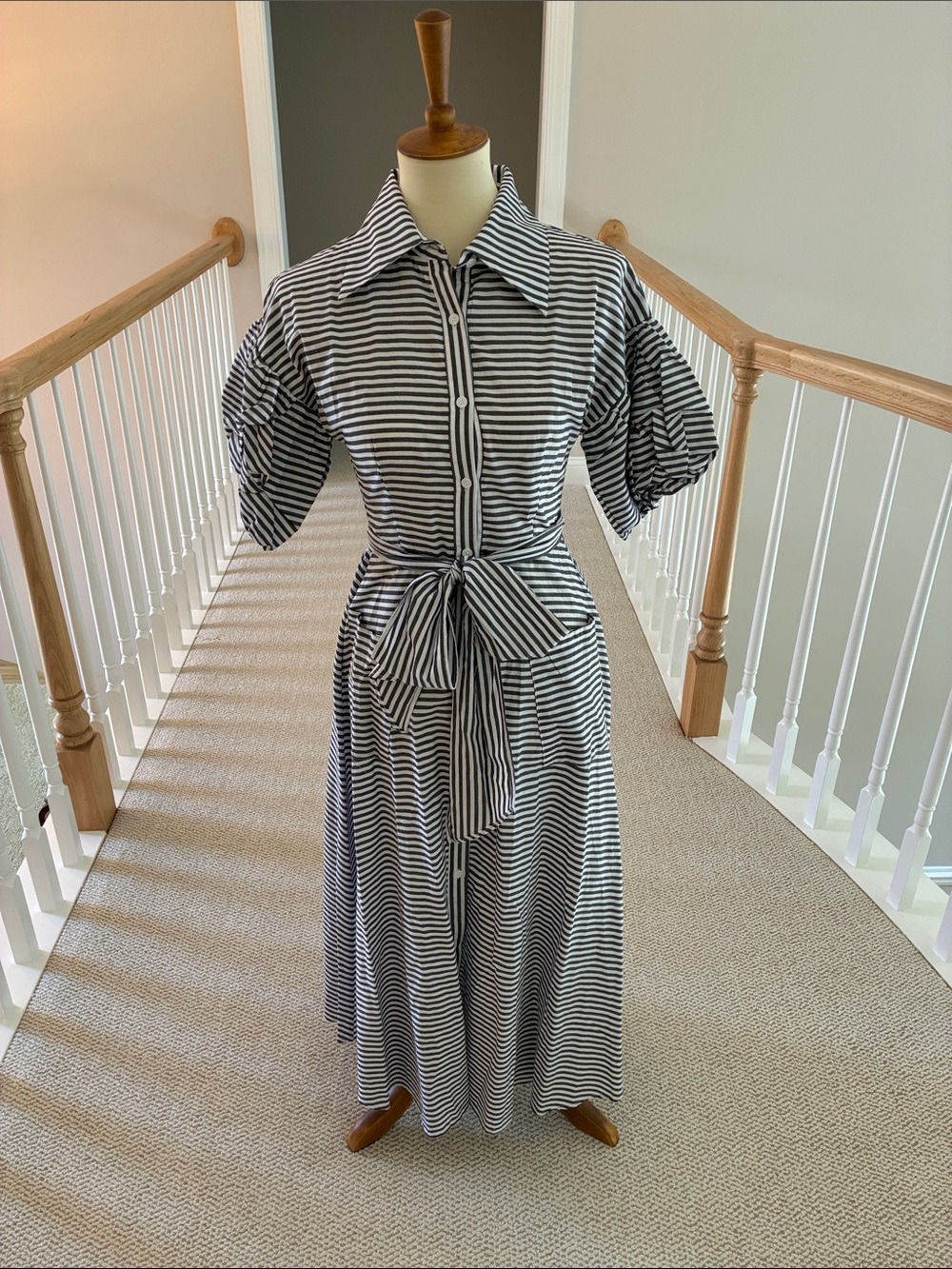 Striped Button-Front Midi Dress with Tie Belt - Black & White-Maison Mara